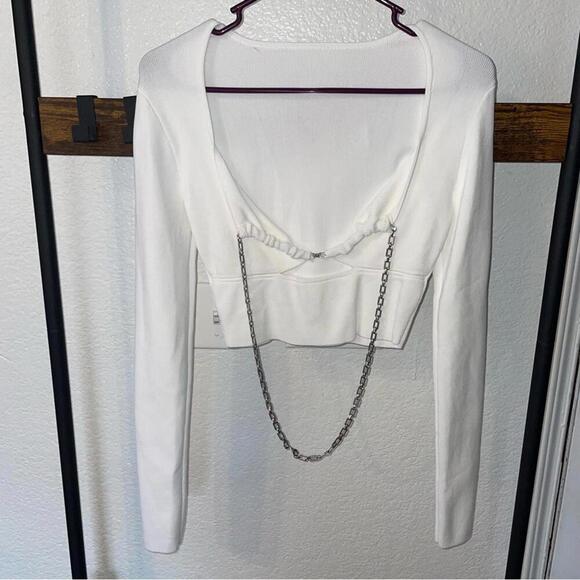 white long sleeve crop top low neckline silver color chain size medium - Picture 1 of 5